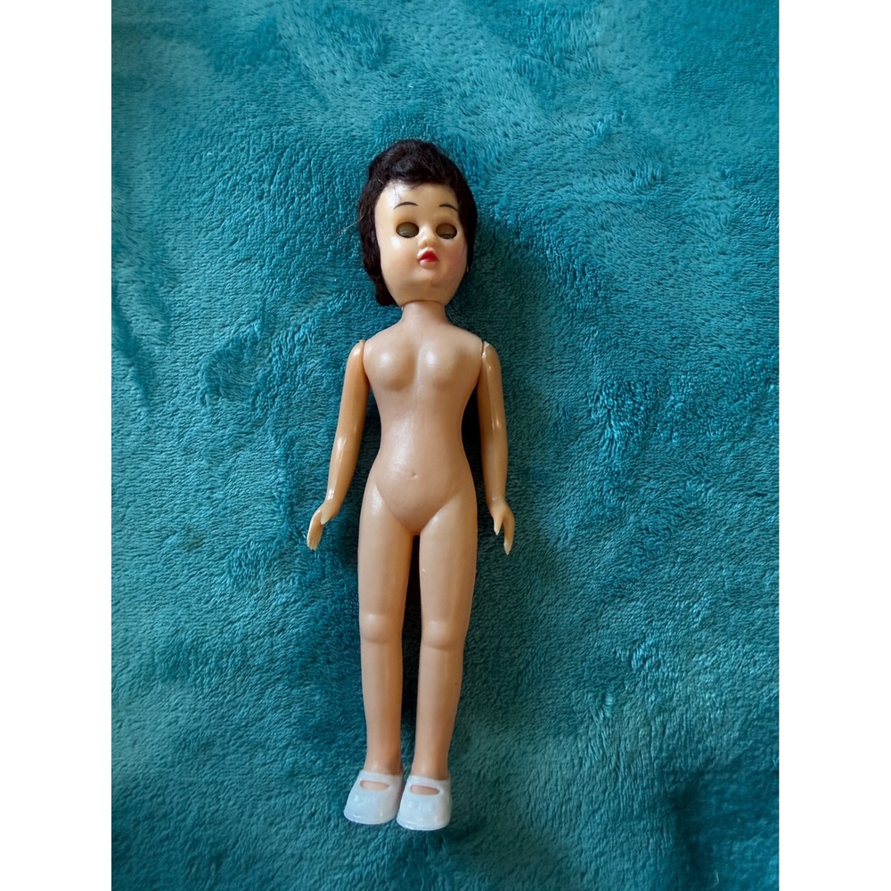 Vintage Hong Kong Plastic Fashion Doll Dark Brown Hair‎ Molded White Shoes 7.5"